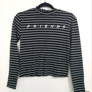 Friends Womens Sz L Black White Striped Long Sleeve Top Lettuce Hem